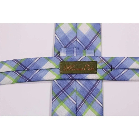 Phineas Cole Light Blue/Lime Green Plaid Check 100% Cotton Slim Necktie Tie - Picture 5 of 6
